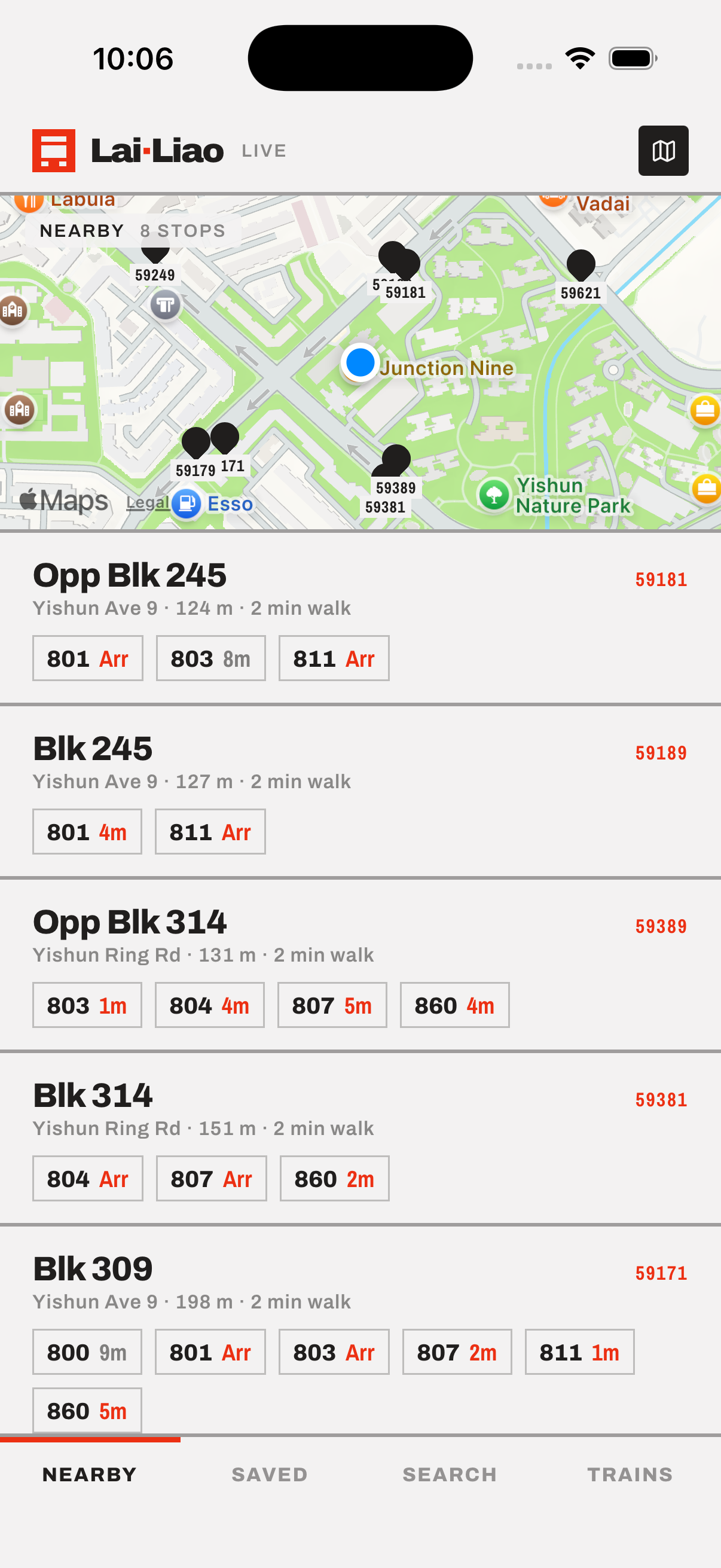 Nearby screen showing bus stops and live arrivals on Apple Maps