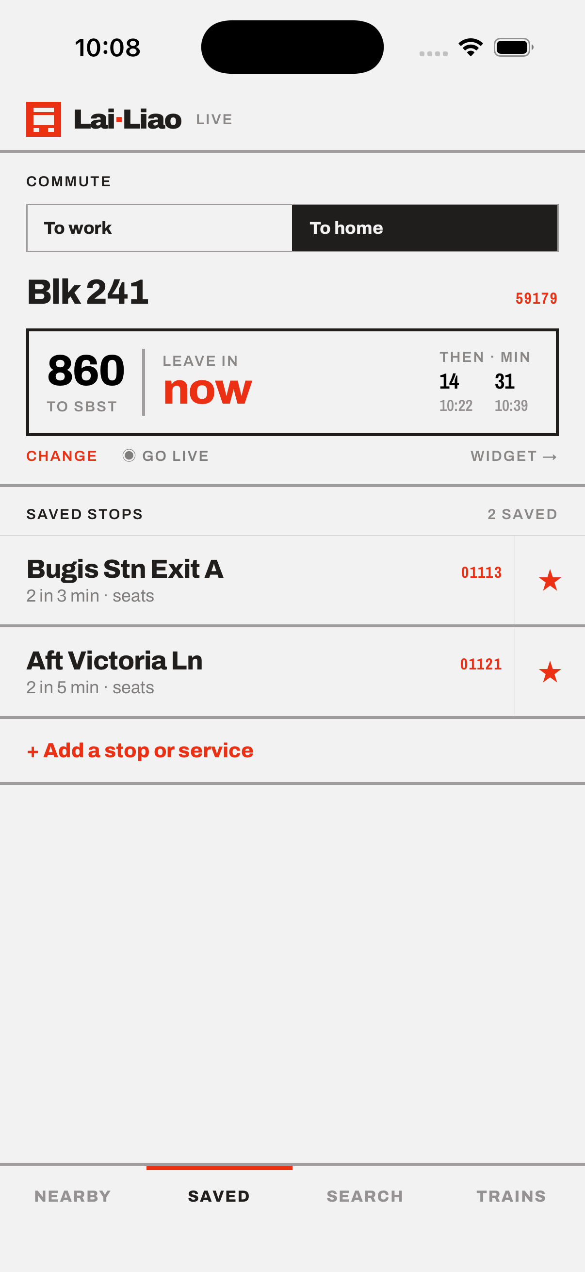 Saved commute screen showing when to leave and favourite bus stops