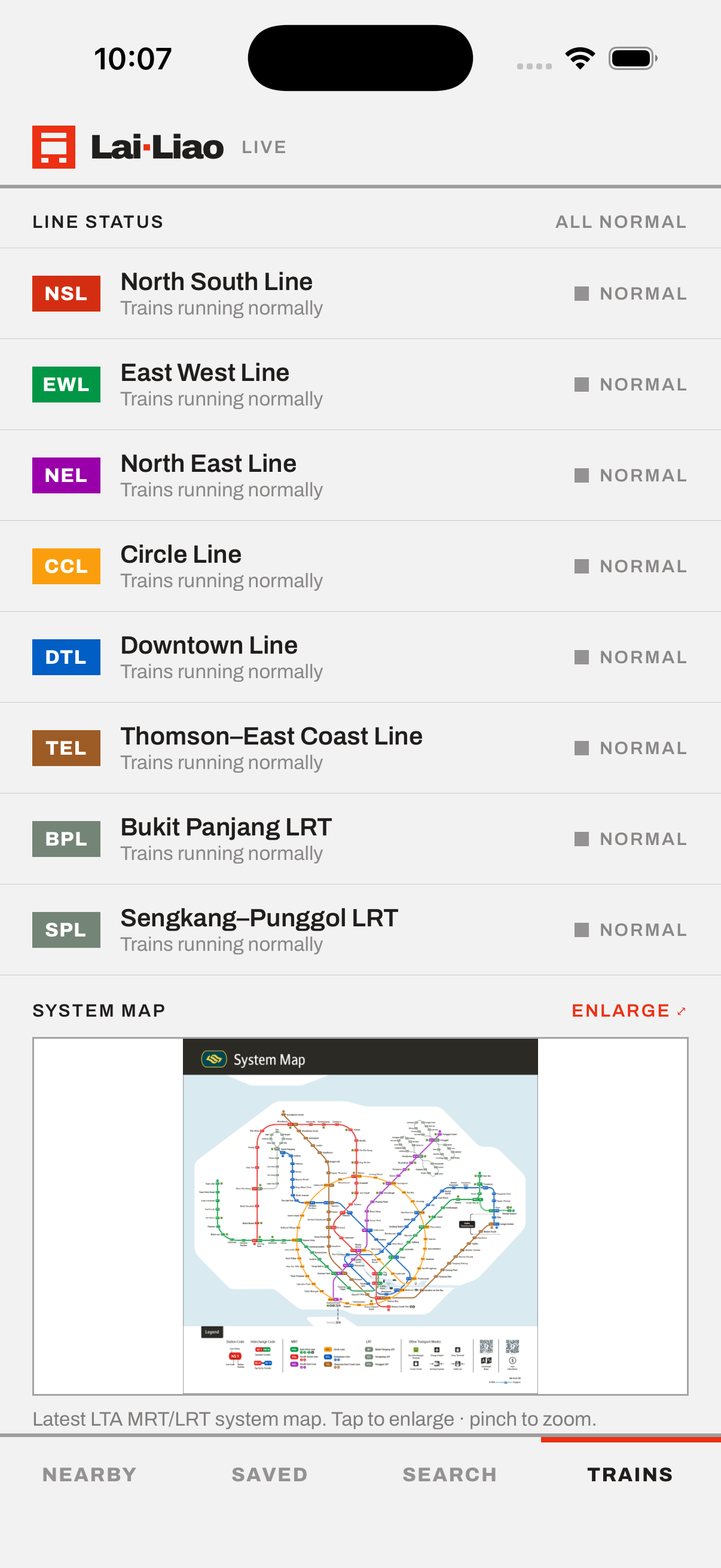 Train screen showing live MRT line statuses and the system map
